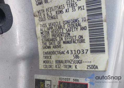 2010 Nissan Frontier Xe z USA, uszkodzony, nr VIN 1N6BD0CT6AC431037